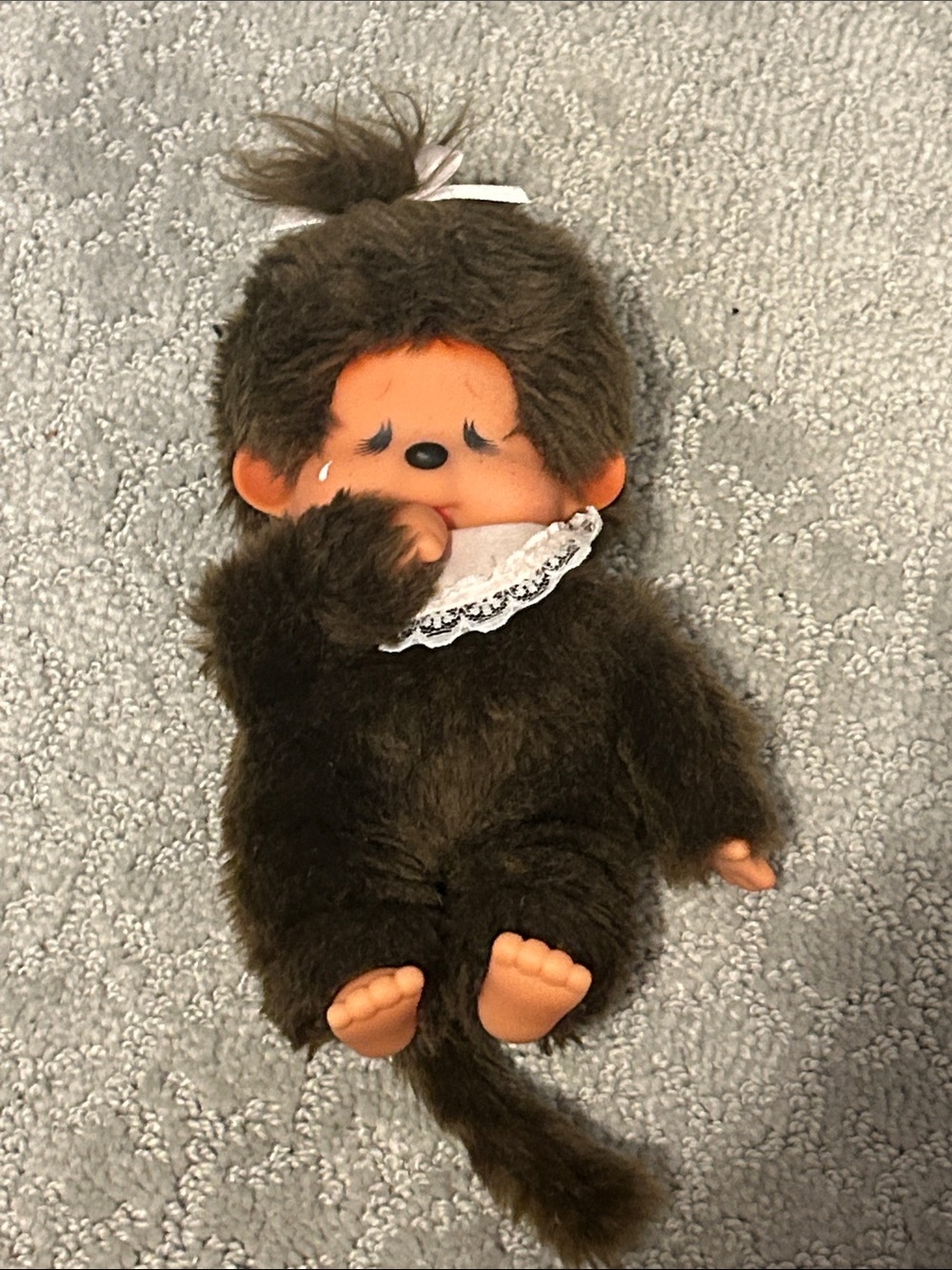 Vintage Brown Plush Monchhichi Baby Doll with Lace Bib